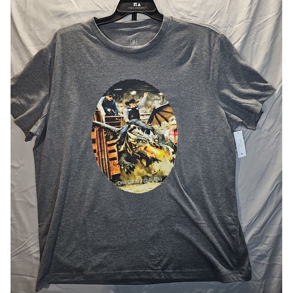 Men’s 2XL Gray Graphic T-Shirt Short Sleeve Crew Neck Dragon Busting Art Print